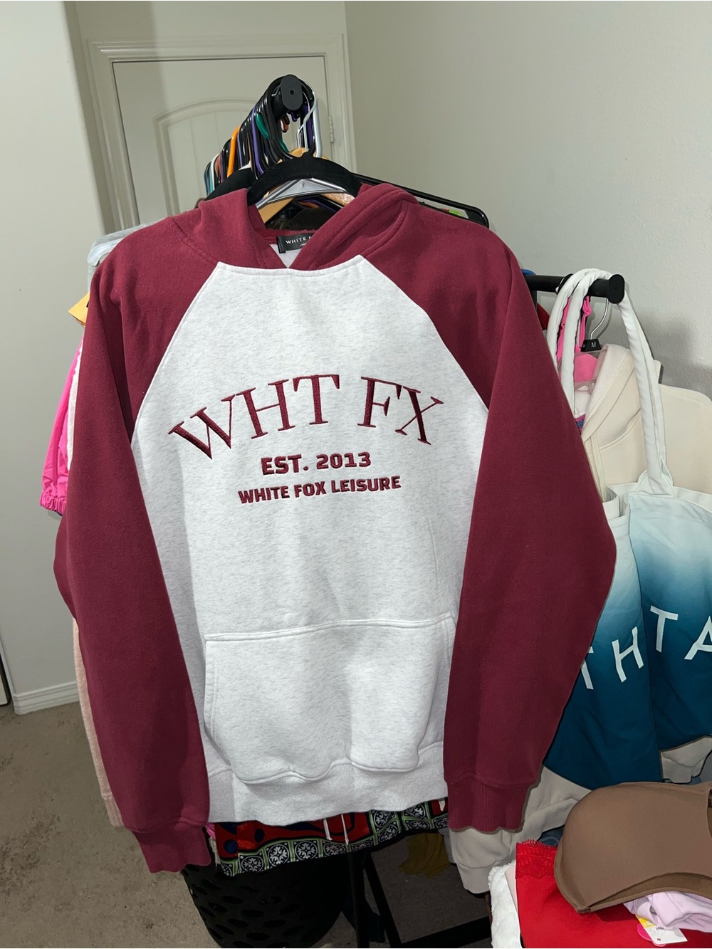 White Fox Boutique Two-Tone Maroon and White Hoodie